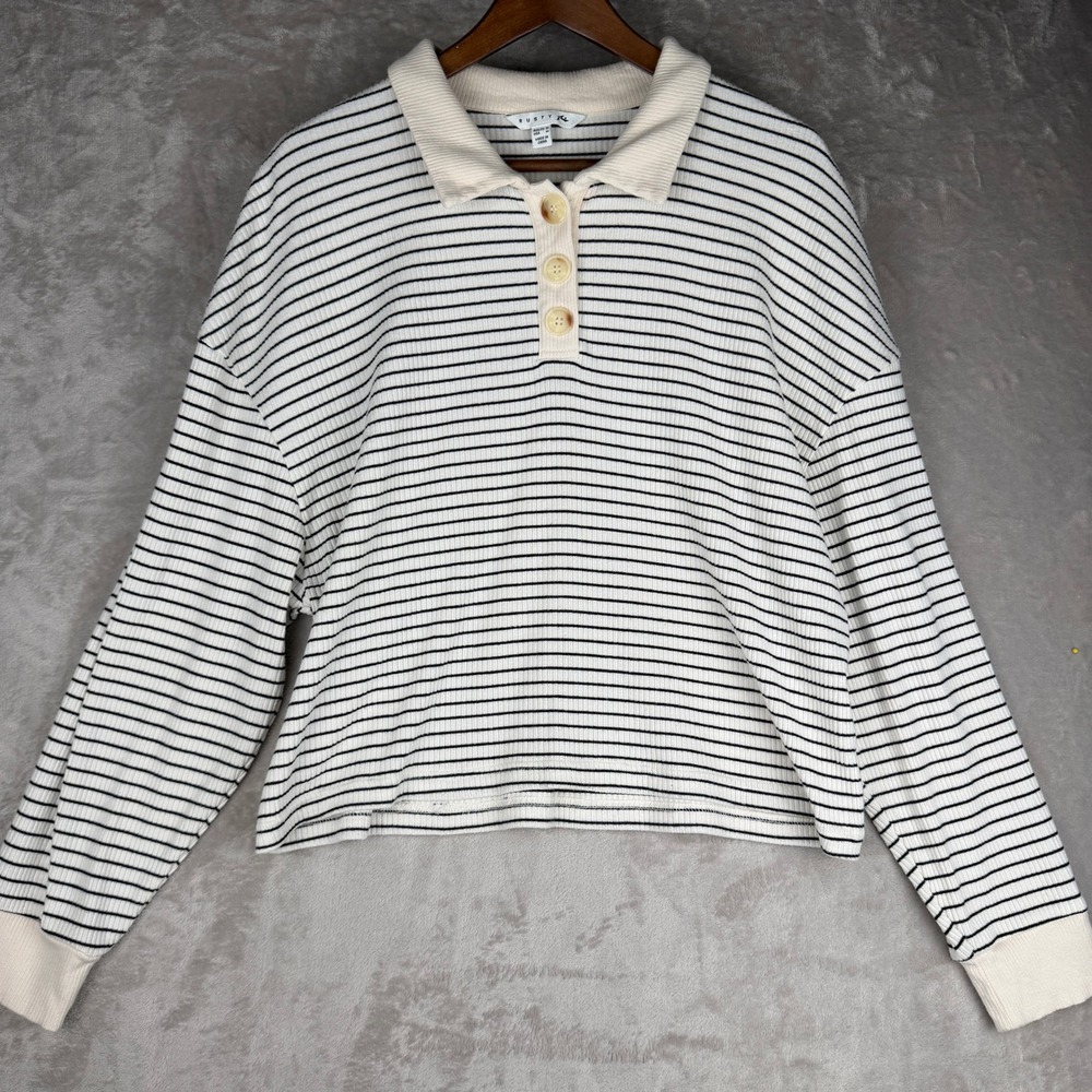 Rusty Womens Striped Long Sleeve Polo Shirt Cream Black‎ Ribbed Knit Size M